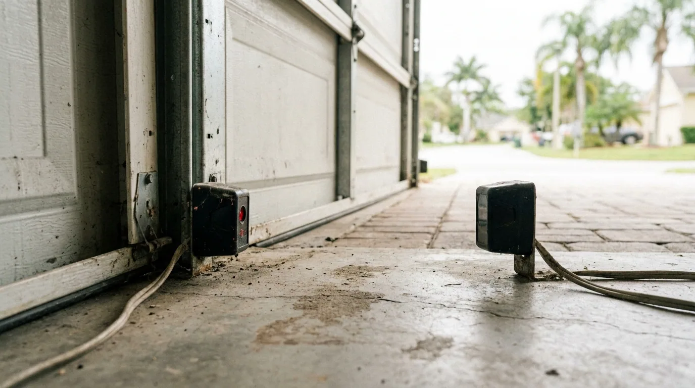 photo-eye safety sensors at the base of a garage door