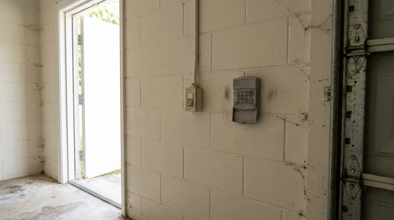 a garage door wall button and keypad on a block wall
