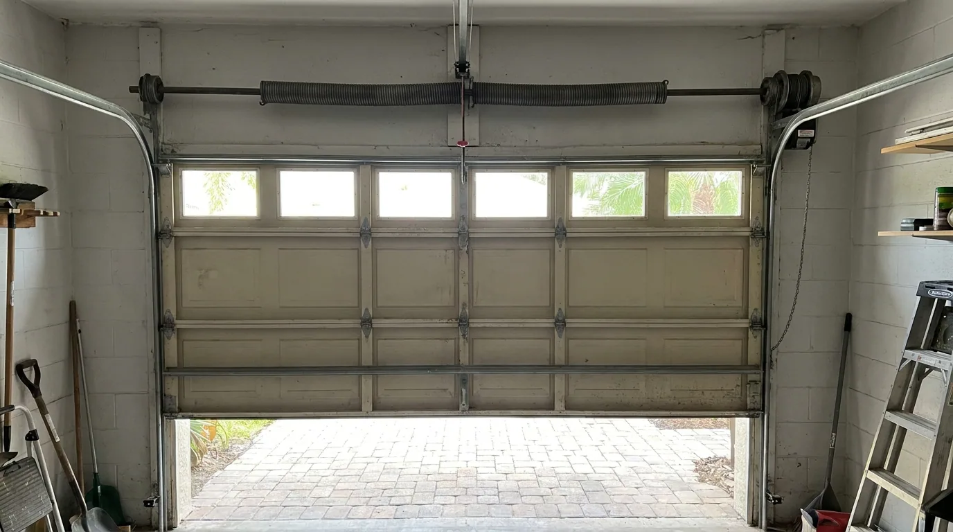 a torsion spring assembly above a closed garage door seen from inside a Florida garage